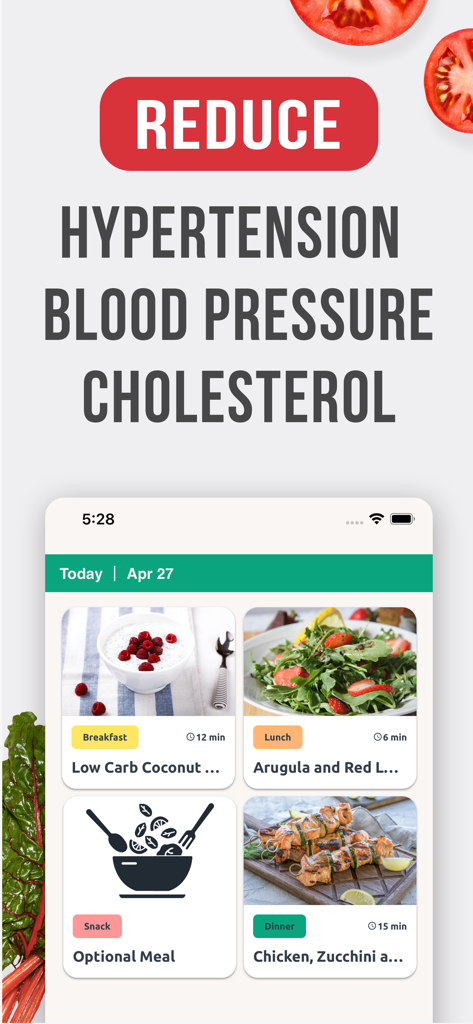 Schermata dell'app Dieta DASH e Piano Pasti che mostra piani pasto sani giornalieri per ridurre l'ipertensione e la pressione sanguigna