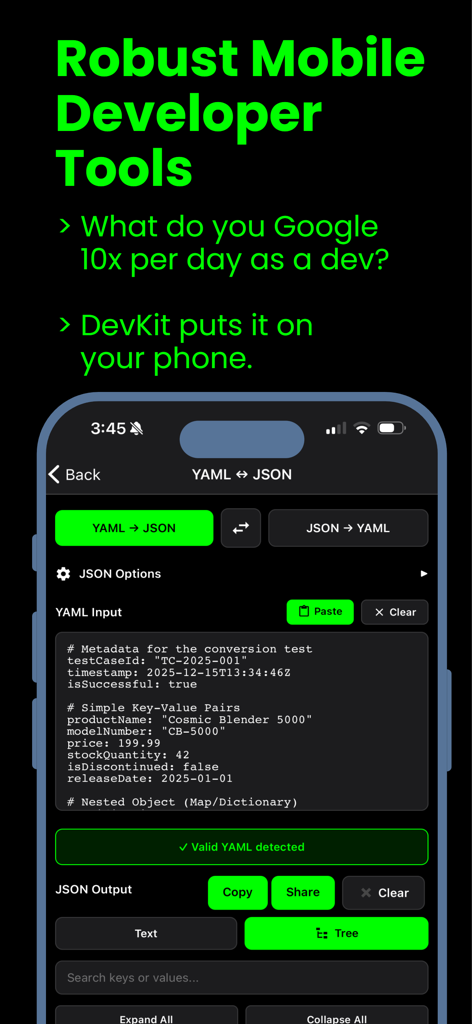 DevKit mobile app interface showing a YAML to JSON conversion tool with dark mode theme.