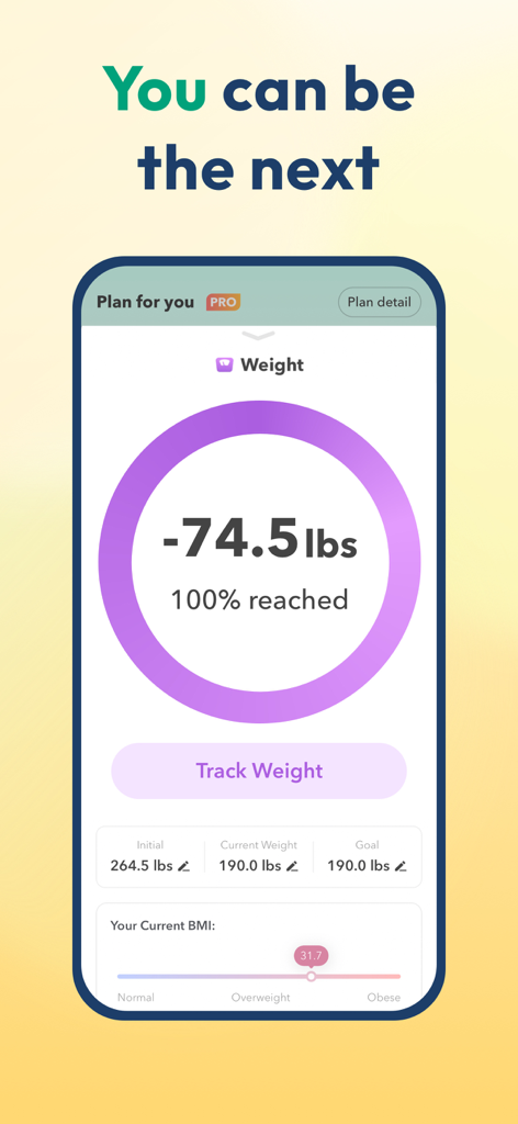 Litely app dashboard displaying 100 percent weight loss goal reached