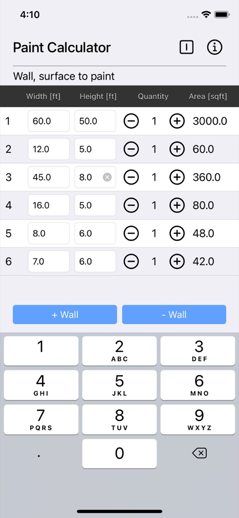 Paint Calculator Plus app interface showing width and height entry for multiple wall surfaces.