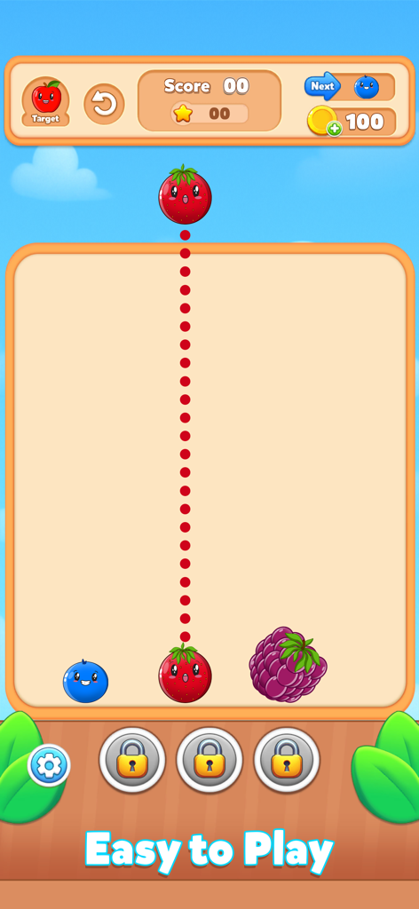 Fruit Match Juicy Drop Merge - A gameplay screenshot of Fruit Match Juicy Drop Merge showing a strawberry being dropped onto other fruits in a casual puzzle game.