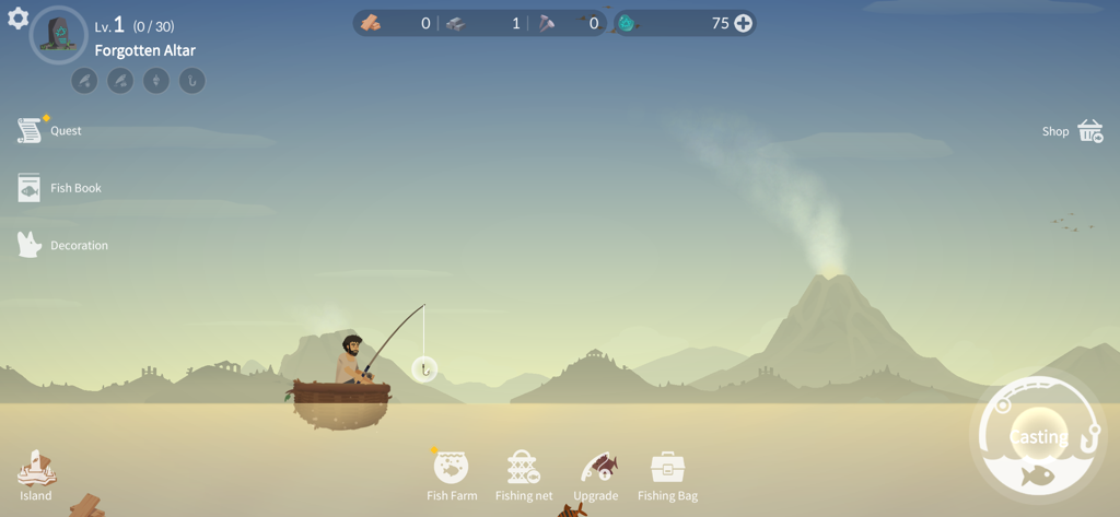 Casting Away - Casting Away gameplay showing a character fishing on a raft with a volcano landscape