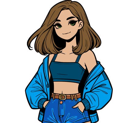 a realistic girl with a crop top and short shorts in an open jacket