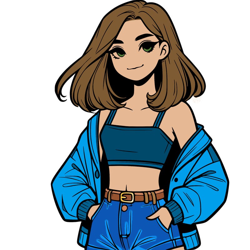 a realistic girl with a crop top and short shorts in an open jacket