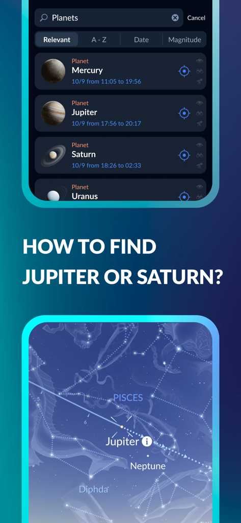 Search interface and star map in the Sky Tonight app showing how to locate planets like Jupiter and Saturn.