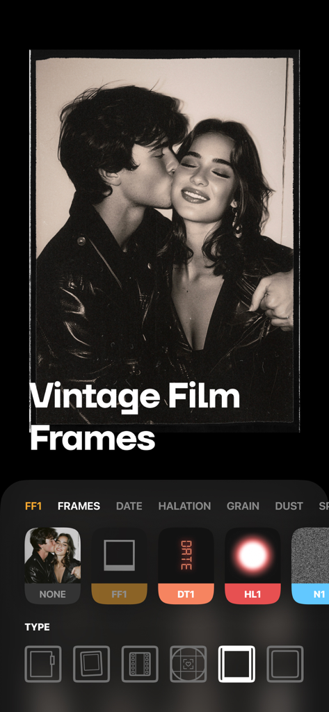 Uplens: Photo & Video Editor - Uplens app interface for applying vintage film frames and aesthetic filters to photos.
