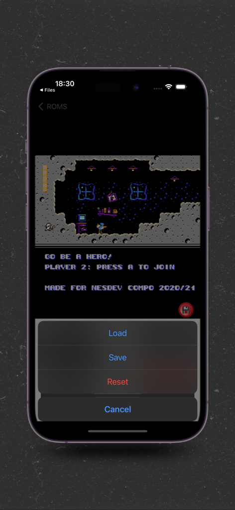 eNES: NES Emulator Retro Emu - iPhone screen showing the eNES emulator save and load menu over a retro game