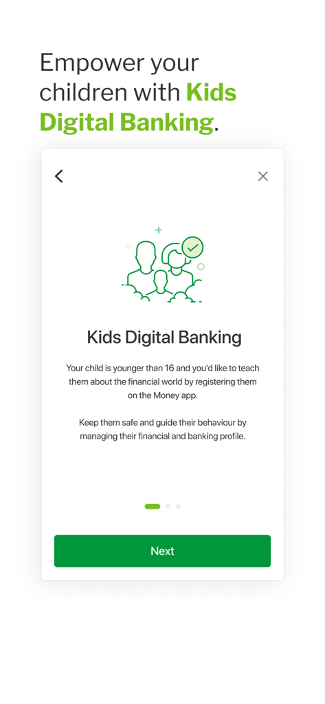 Nedbank Money - A screenshot of the Nedbank Money app highlighting the Kids Digital Banking feature with a green family icon and a brief description.