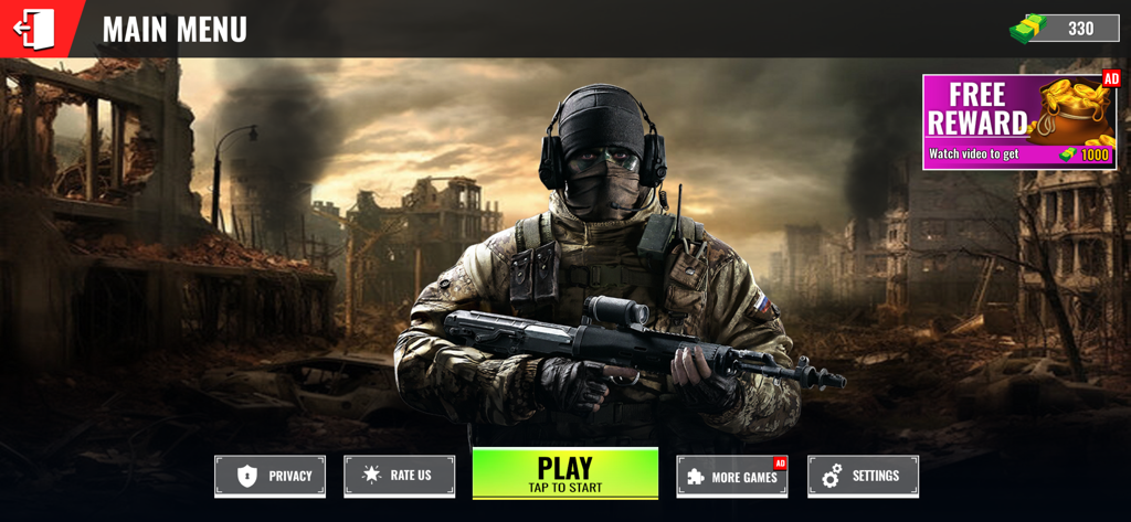 Survive: Zombie Shooting Games - Main menu of Survive Zombie Shooting Games featuring a tactical soldier in a post-apocalyptic city landscape