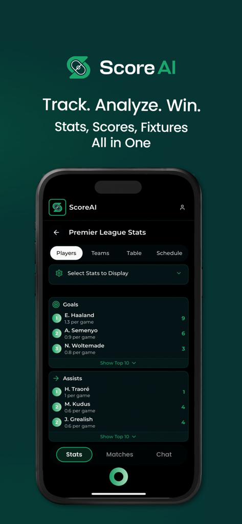ScoreAI - ScoreAI mobile app interface showing Premier League player statistics for goals and assists on a dark background.