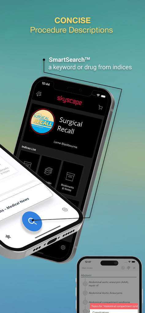 Surgical Recall - SmartSearch機能と医学生向けの簡潔な処置説明を強調したSurgical Recallモバイルアプリインターフェース