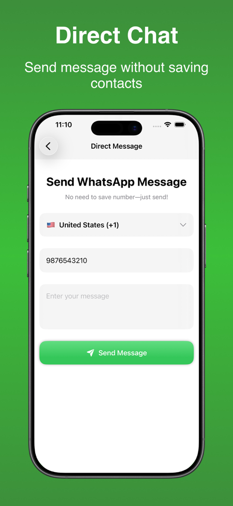 Interface de l'application Web Scan montrant comment envoyer un message WhatsApp direct sans enregistrer un contact.