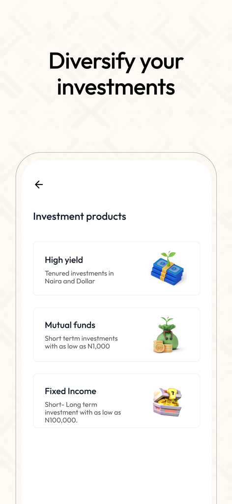 Zedcrest Wealth - Zedcrest Wealth app interface displaying investment products including High Yield, Mutual Funds, and Fixed Income.