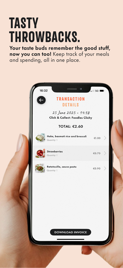 Foodles - Schermata dello smartphone che mostra i dettagli della transazione dell'app Foodles con un elenco di pasti e prezzi