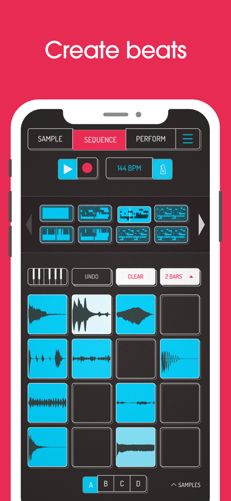 Mobile interface of Koala Sampler showing a grid of audio samples and sequencer controls for creating beats