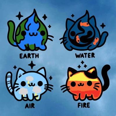 4 cats that represent the different elements, earth, water, air, and fire