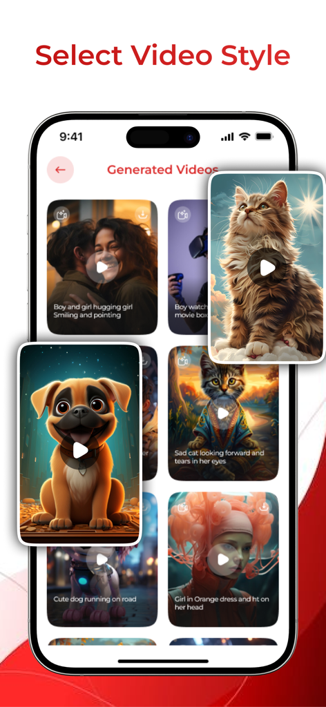 AI Video Generator : AI Videos - Interfaz de aplicación móvil que muestra una galería de estilos de vídeo generados por IA, incluyendo animales y personajes