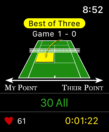 Tennis - Score Keeper - Apple Watch screen showing the Tennis Score Keeper app interface with score tracking and heart rate monitoring