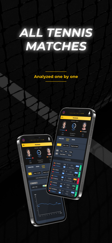 Tennis Metrics - Dos iPhones mostrando la interfaz de la aplicación Métricas de Tenis con estadísticas y cuotas detalladas para un partido de la ATP