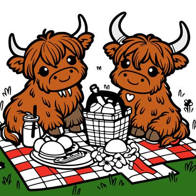 two highland cows at a picnic