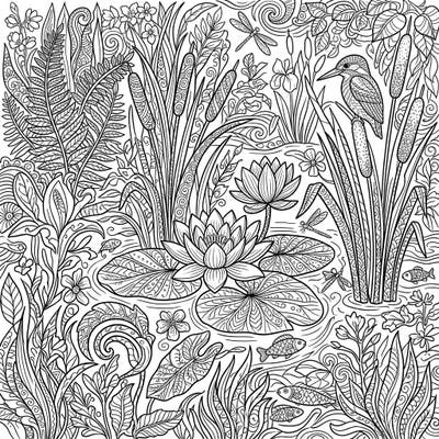 Immerse yourself in the serene beauty of a river ecosystem, brought to life through intricate Zentangle patterns. This unique coloring page offers a meditative escape into nature's delicate aquatic flora and fauna.