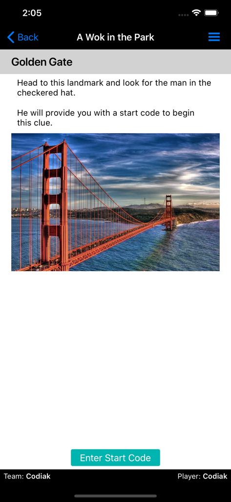 ClueKeeper - ClueKeeper scavenger hunt app screen showing a clue for the Golden Gate Bridge