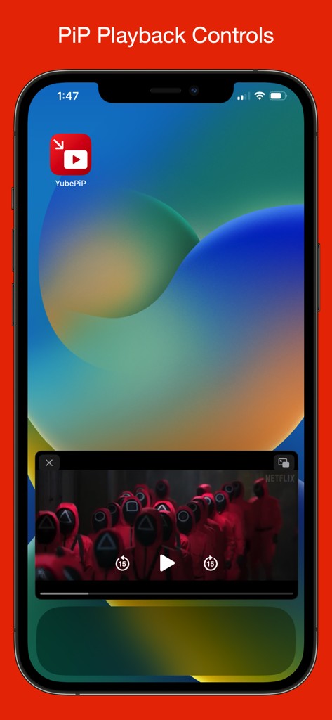 재생 컨트롤이 있는 Picture in Picture 모드에서 YubePiP 비디오 플레이어를 보여주는 iPhone 홈 화면