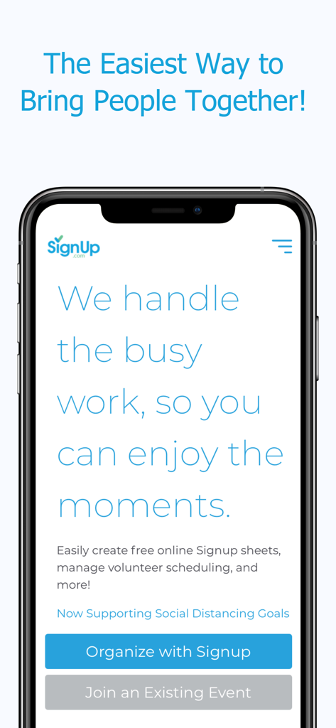 SignUp mobile app home screen showing options to organize or join an event