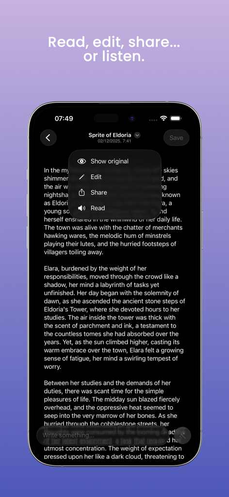 Magic Diary: AI Stories - La aplicación Magic Diary en iPhone muestra una historia generada por IA con un menú para editar y escuchar