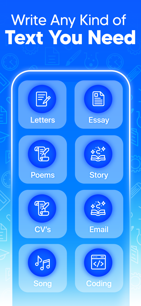 Chat Bot AI Assistant+ - A mobile interface for the Prompt AI app showing various writing categories like letters essays poems stories and coding