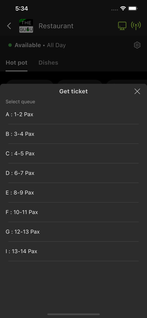 THE GULU Shop - Interface of THE GULU Shop app for selecting restaurant queue tickets by group size
