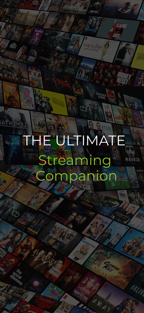 MyFlix app slogan the ultimate streaming companion over a collage of movie posters