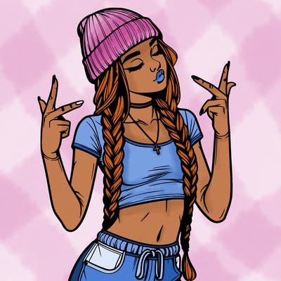 realistic teenage girl with braids and a beanie and crop top doing 🫶🏼