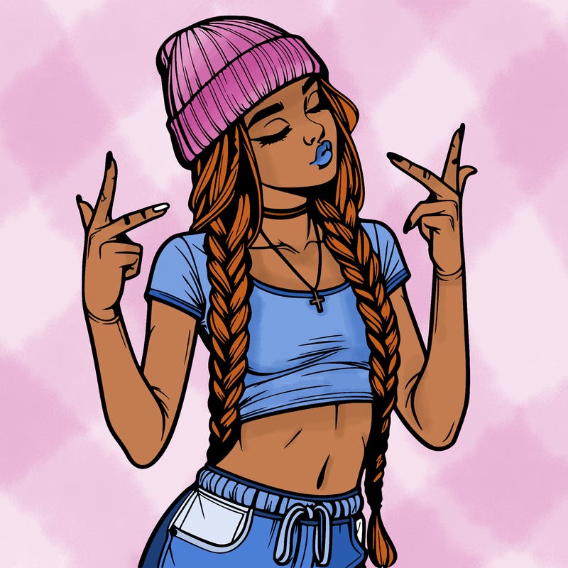 realistic teenage girl with braids and a beanie and crop top doing 🫶🏼