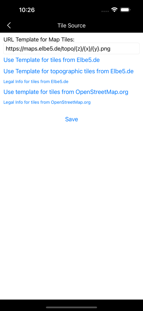 Maps for OSM - Pantalla de configuración en la aplicación Mapas para OSM para configurar URL de servidores de teselas de mapas personalizados