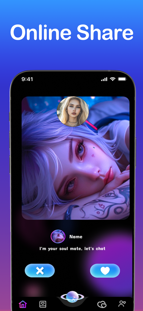 Meechat. - Interfaz de la aplicación Meechat que muestra el perfil de un compañero IA con arte de anime y un mensaje de invitación al chat