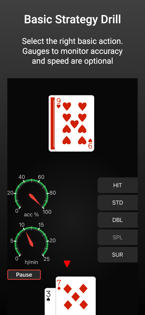 Blackjack Card Counting Pro - Mobile screen showing the Basic Strategy Drill interface with accuracy and speed gauges for blackjack training