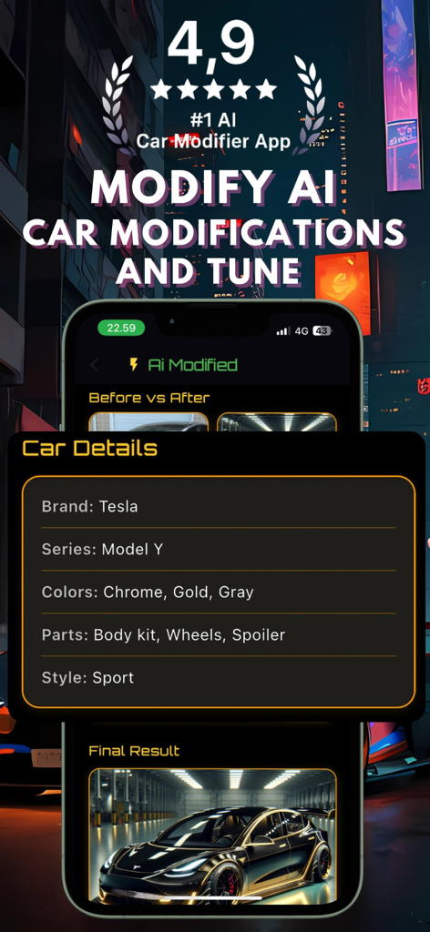 Modify Ai Car Designer & Tune - Modify Ai app interface showing a customized Tesla Model Y with sport style body kit and gold accents