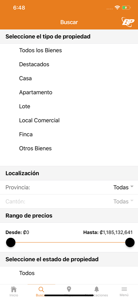BP Venta de Bienes - Property search screen with filters for property type location and price range in the BP Venta de Bienes app
