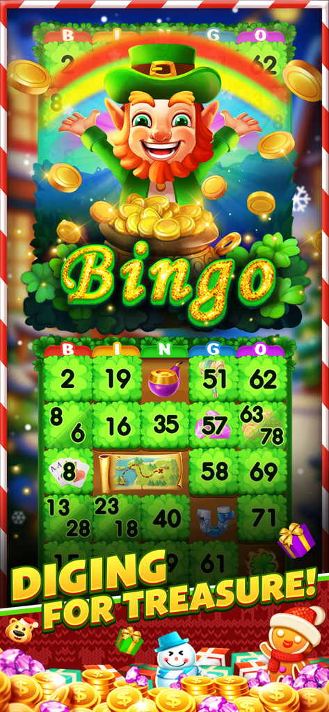 Live Party Bingo -Casino Bingo - Cartella del bingo a tema San Patrizio con un leprechaun fortunato e una pentola di monete d'oro