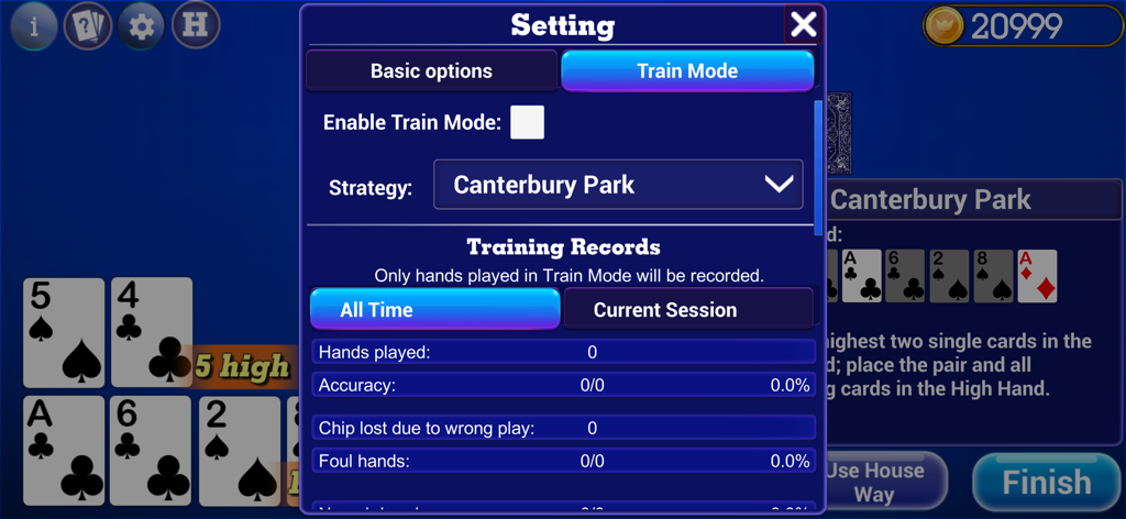 Pai Gow Poker Trainer - Pai Gow Poker Trainer settings screen showing train mode options and performance records