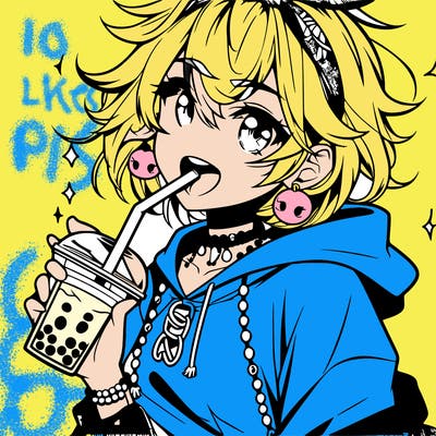 hot baddie anime girl drinking boba and biting the straw