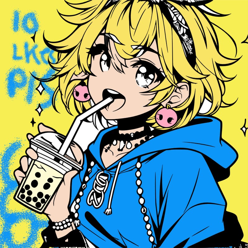 hot baddie anime girl drinking boba and biting the straw