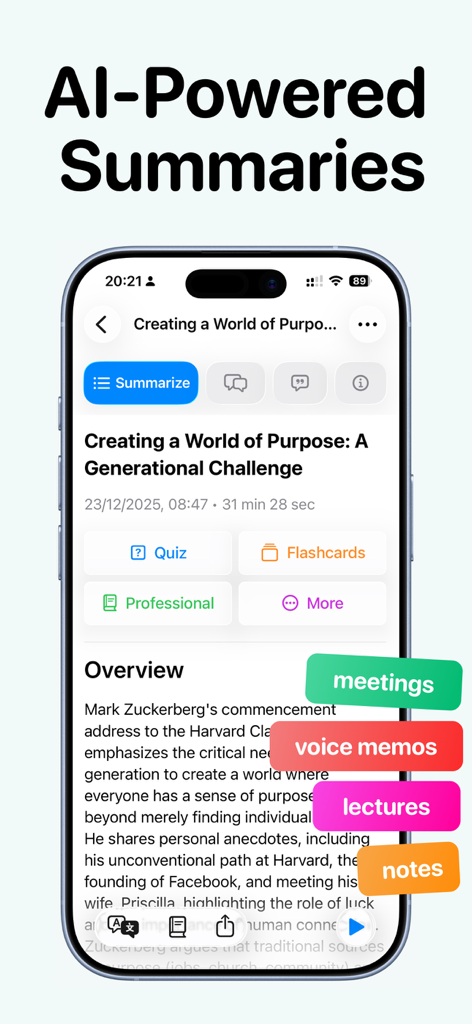 Noota - AI Note Taker - Noota app interface displaying an AI-generated summary of a speech with options for quizzes and flashcards