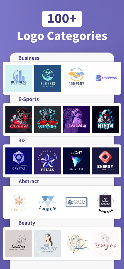 Logo Maker & Creator - Logokit - Preview of logo design templates for business esports 3D and beauty categories