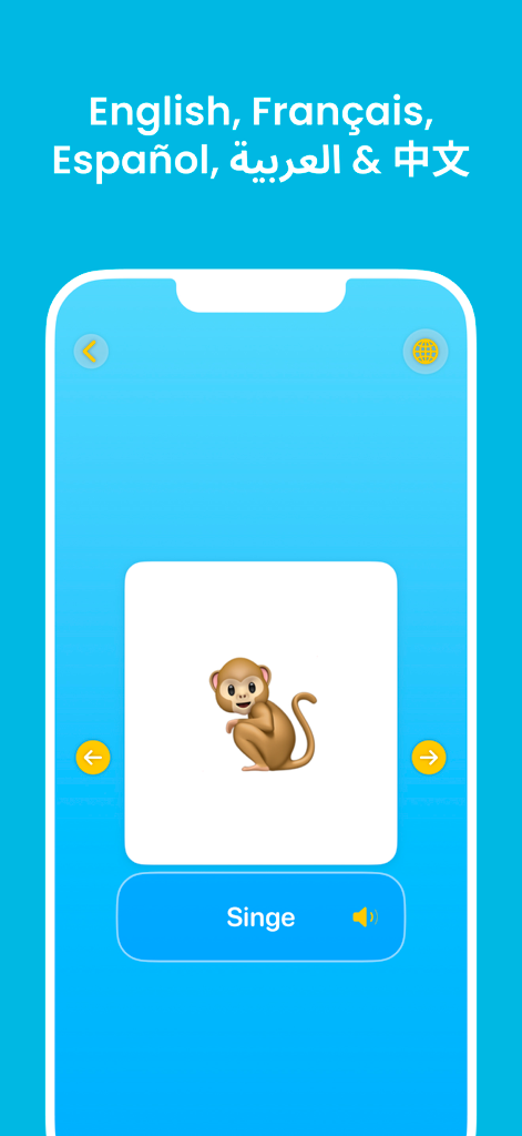 KM Animal Sounds: Learn & Play - KM Animal Sounds app interface displaying a monkey and its name in French