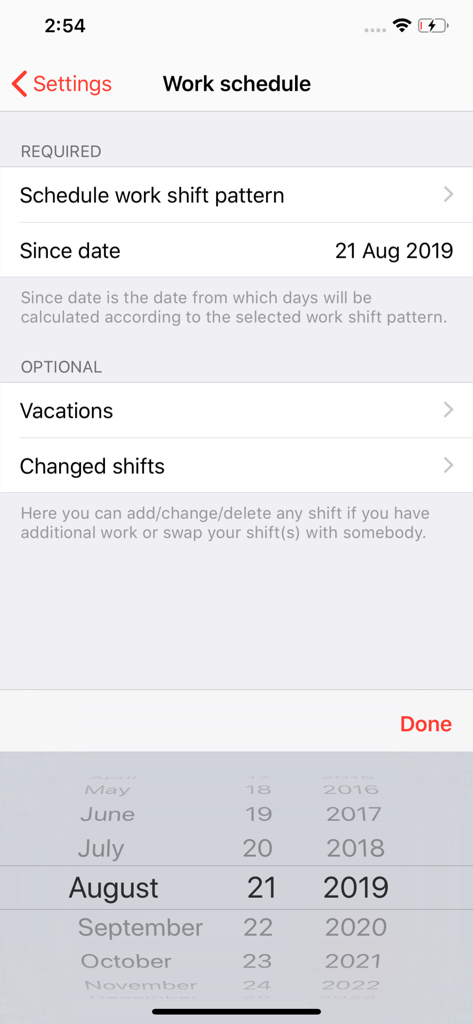 Flexitime - Flexitime app work schedule settings screen for shift pattern and date selection