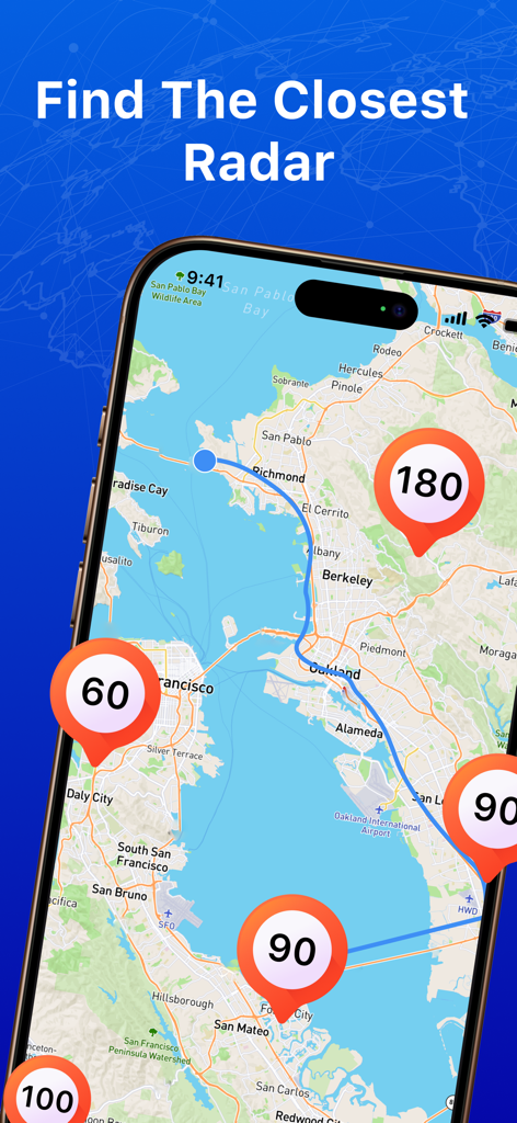 Radar Map, Radar Detector, HUD - Interfaz de mapa de aplicación móvil que muestra ubicaciones de radares de velocidad en tiempo real y una ruta de conducción