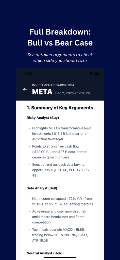 Pantalla de la aplicación Consensus AI mostrando un desglose detallado de inversión de toro frente a oso para acciones de META con argumentos clave para comprar y vender.