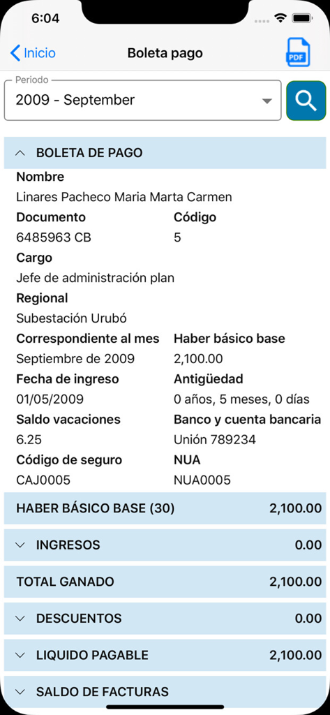 Pantalla de la aplicación móvil de Salar que muestra un recibo de nómina digital con detalles del empleado y cálculos salariales